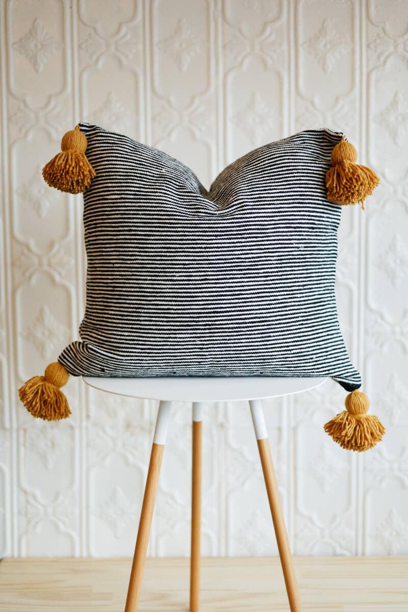 20" Moroccan Pom Pom Pillow - Black+White Stripe w. Mustard