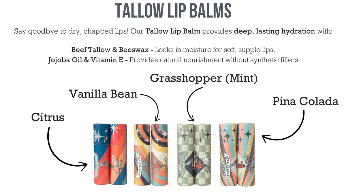 Tallow Lip Balm - CHOOSE A FLAVOR - Natural Beef Tallow Lip Moisturizer with Beeswax & Jojoba Oil