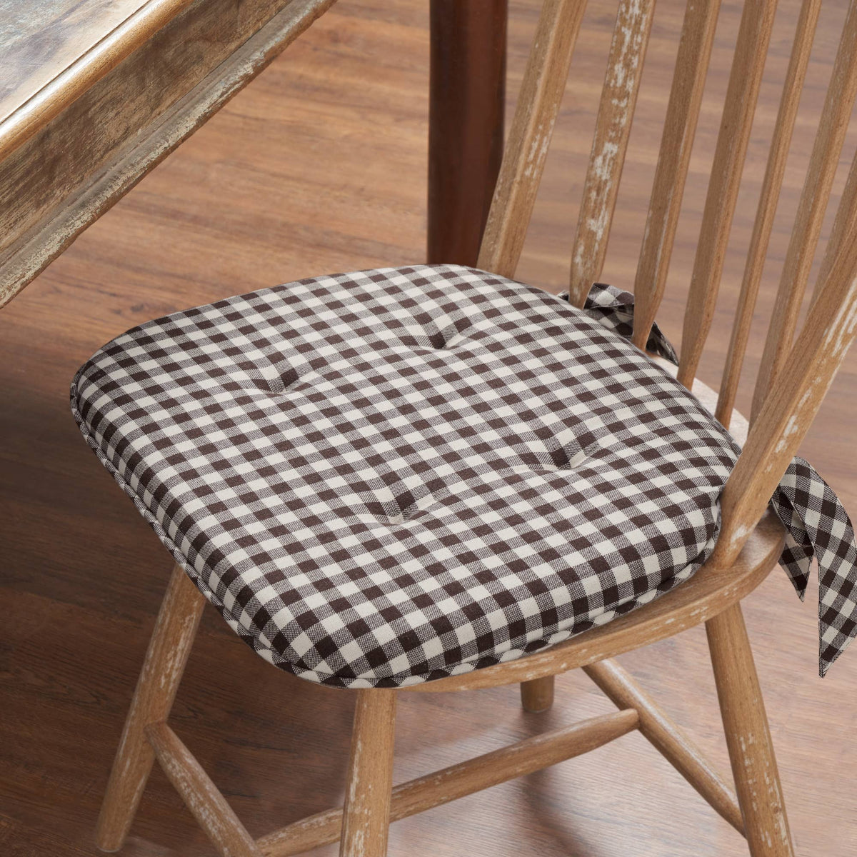 Coffee Brown Gingham Chair Pad - Firm Foam Farmhouse Cushion