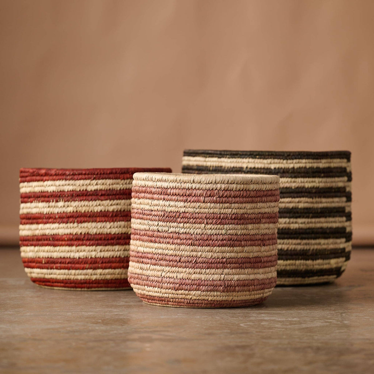 Brown Striped Palm Leaf Basket 17"