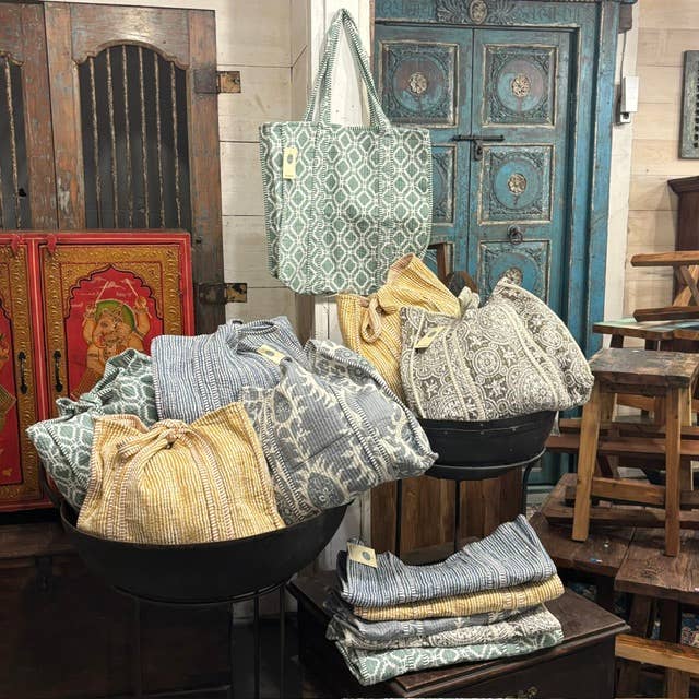 Cotton Tote Bag-Hand Block Printed (18" w x 27"h with strap)