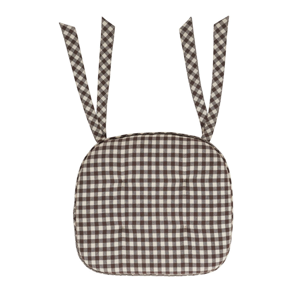 Coffee Brown Gingham Chair Pad - Firm Foam Farmhouse Cushion