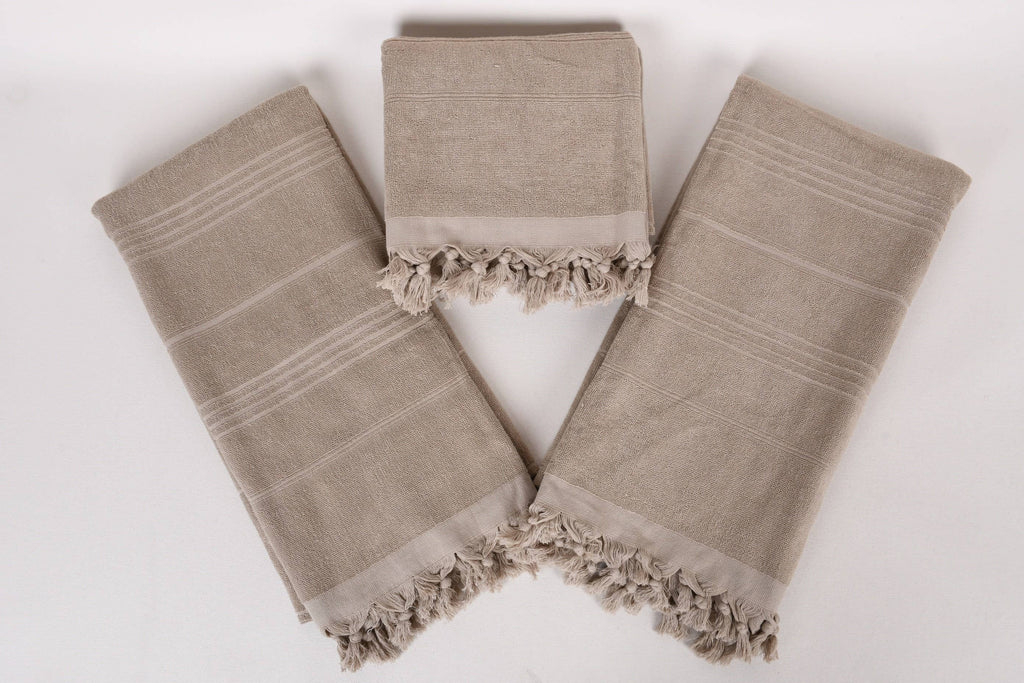 Organic Turkish Beach Towel, Beige Striped Cotton Peshtemal