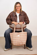 Gingham Jacquard Large Zippered Tote Bag – Terracotta & Orange (Zia)