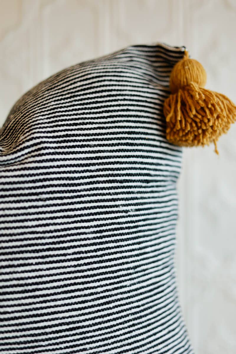 20" Moroccan Pom Pom Pillow - Black+White Stripe w. Mustard