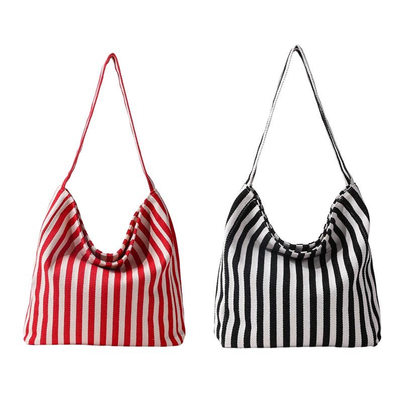 Striped Canvas Hobo Shoulder Tote Bag | 40P609