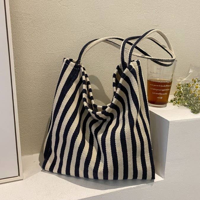 Striped Canvas Hobo Shoulder Tote Bag | 40P609