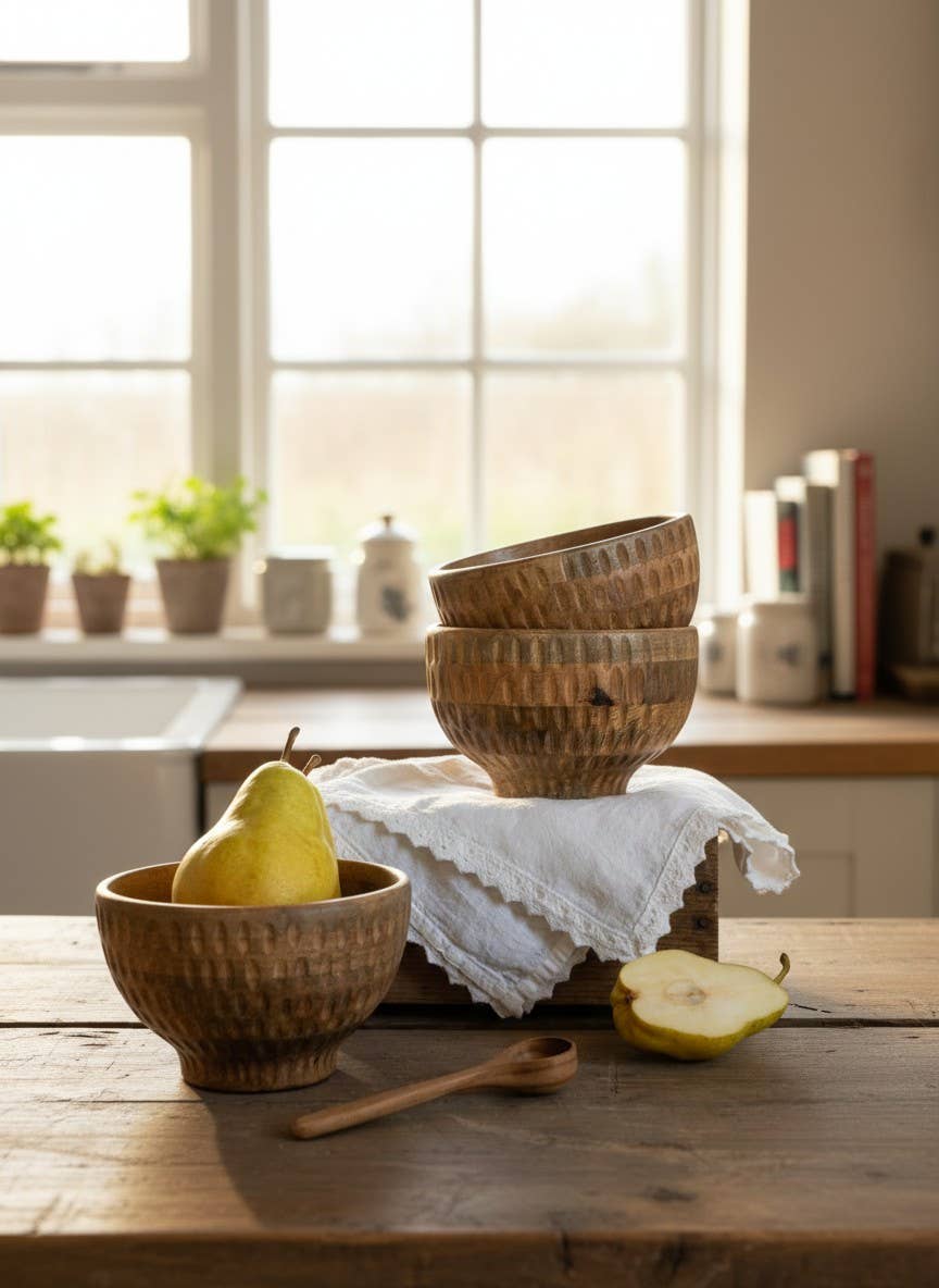 Textured Wood Footed Bowl