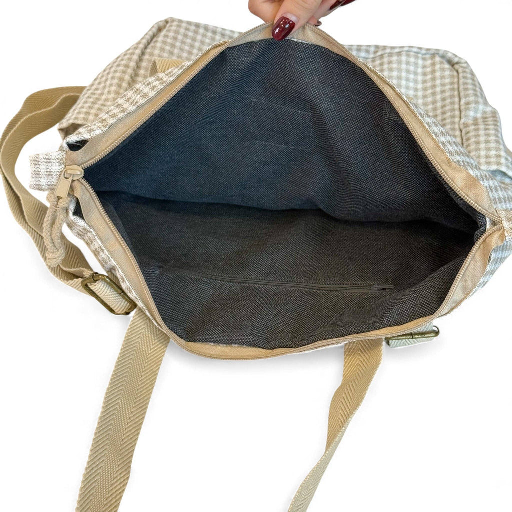 Gingham Jacquard Backpack - Shoulder Bag – Beige & Ecru (Vison)