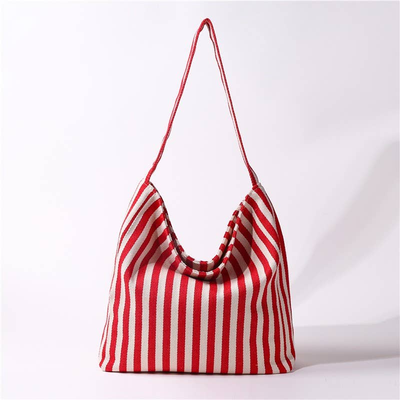 Striped Canvas Hobo Shoulder Tote Bag | 40P609