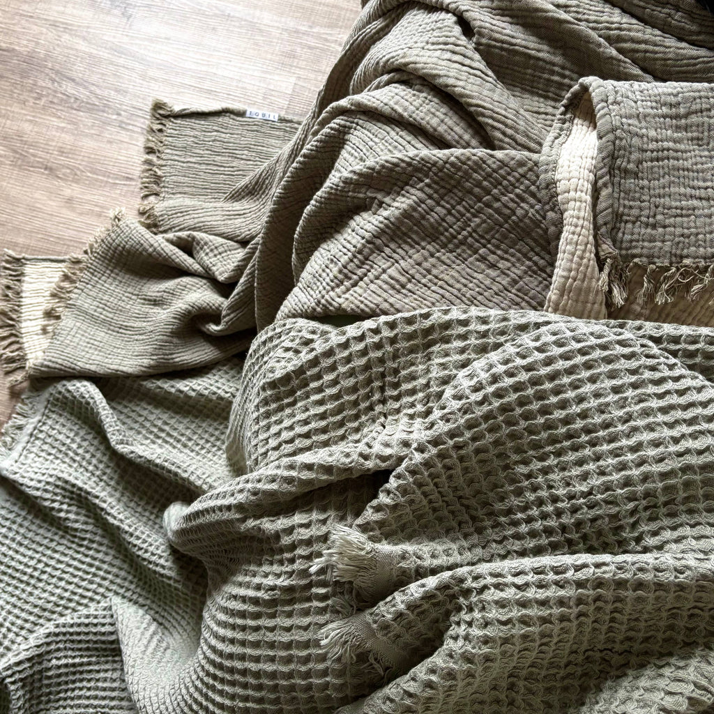 Super Soft Waffle Turkish Cotton Blanket - Olive 