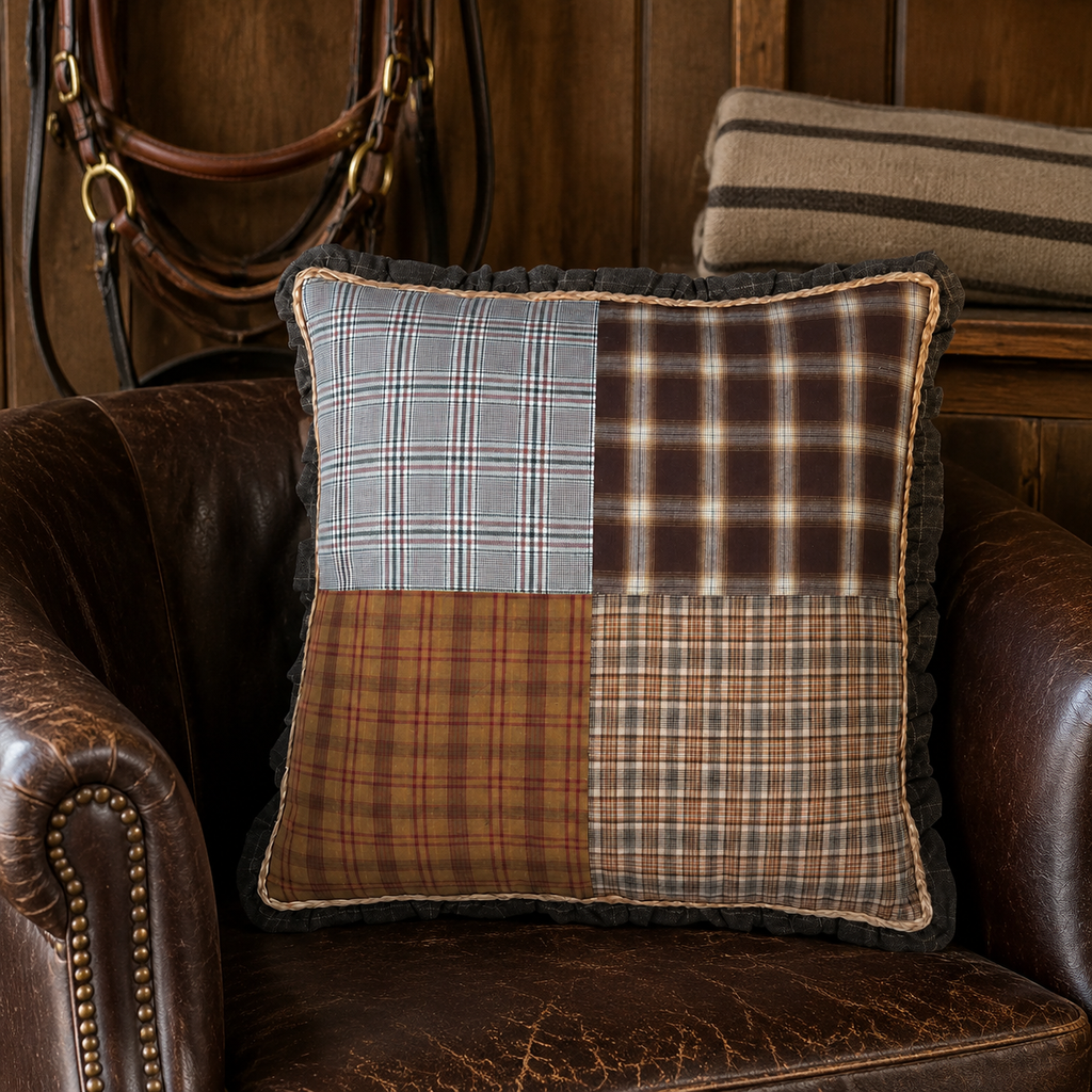 Heritage Brown Patchwork Quilted Throw Pillow 18x18 Cotton