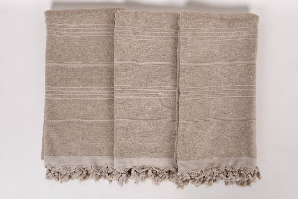 Organic Turkish Beach Towel, Beige Striped Cotton Peshtemal