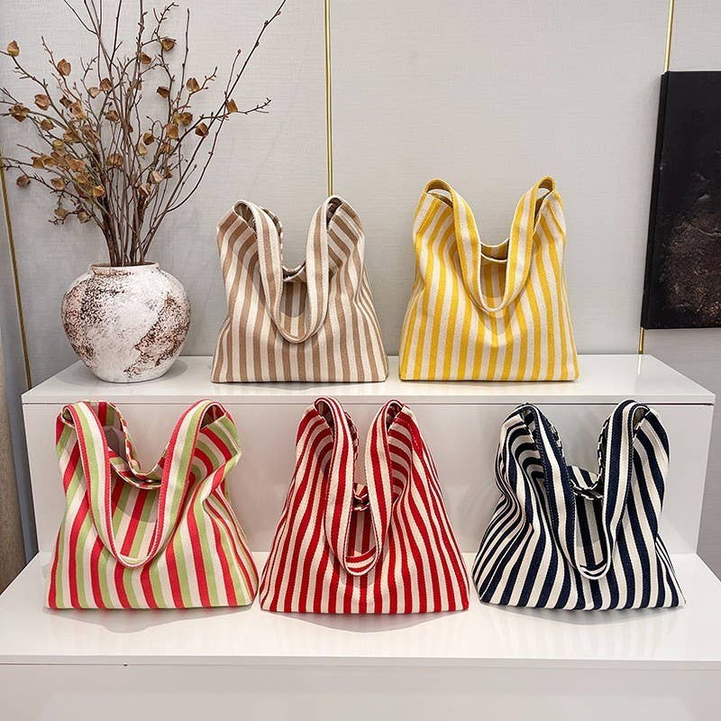 Striped Canvas Hobo Shoulder Tote Bag | 40P609