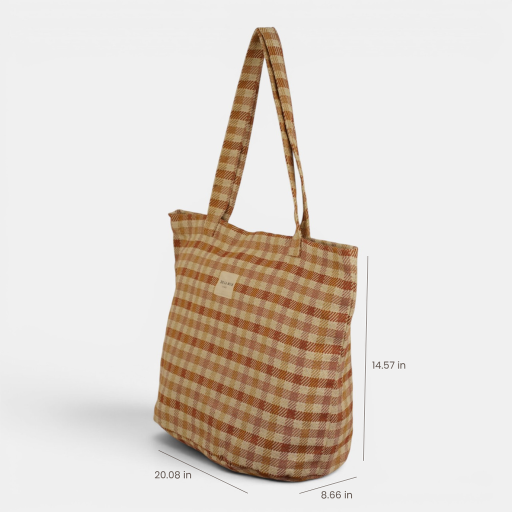 Gingham Jacquard Large Zippered Tote Bag – Terracotta & Orange (Zia)