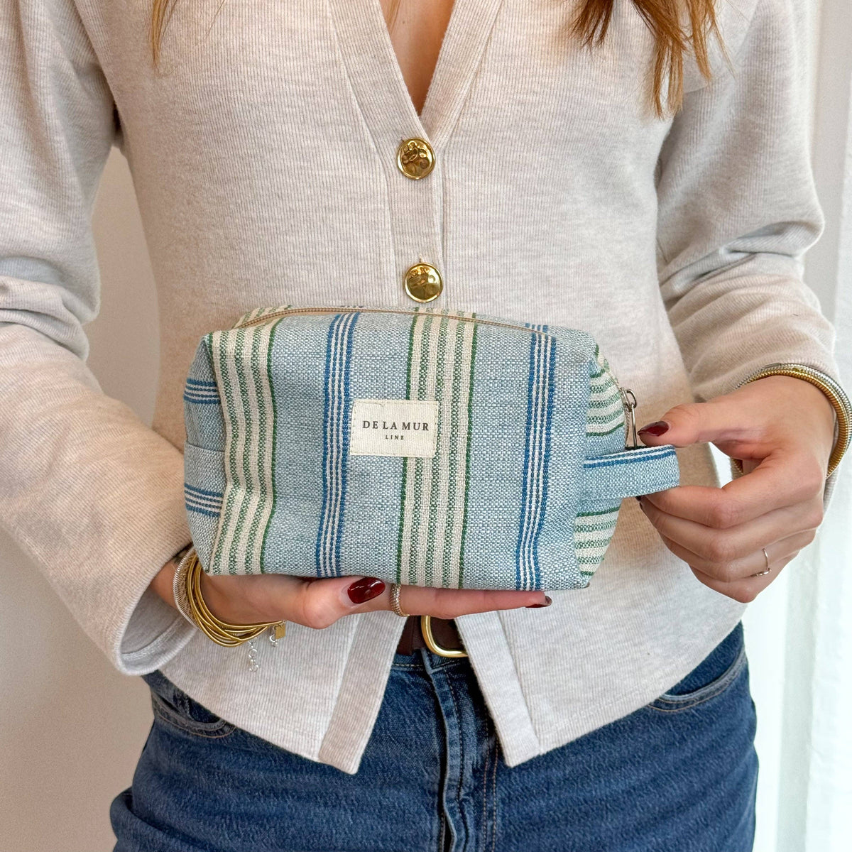 Striped Jacquard Squared Makeup Bag – Blue & Green (Cata)