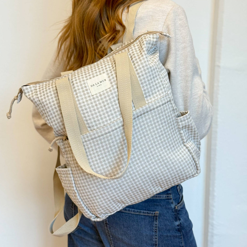 Gingham Jacquard Backpack - Shoulder Bag – Beige & Ecru (Vison)
