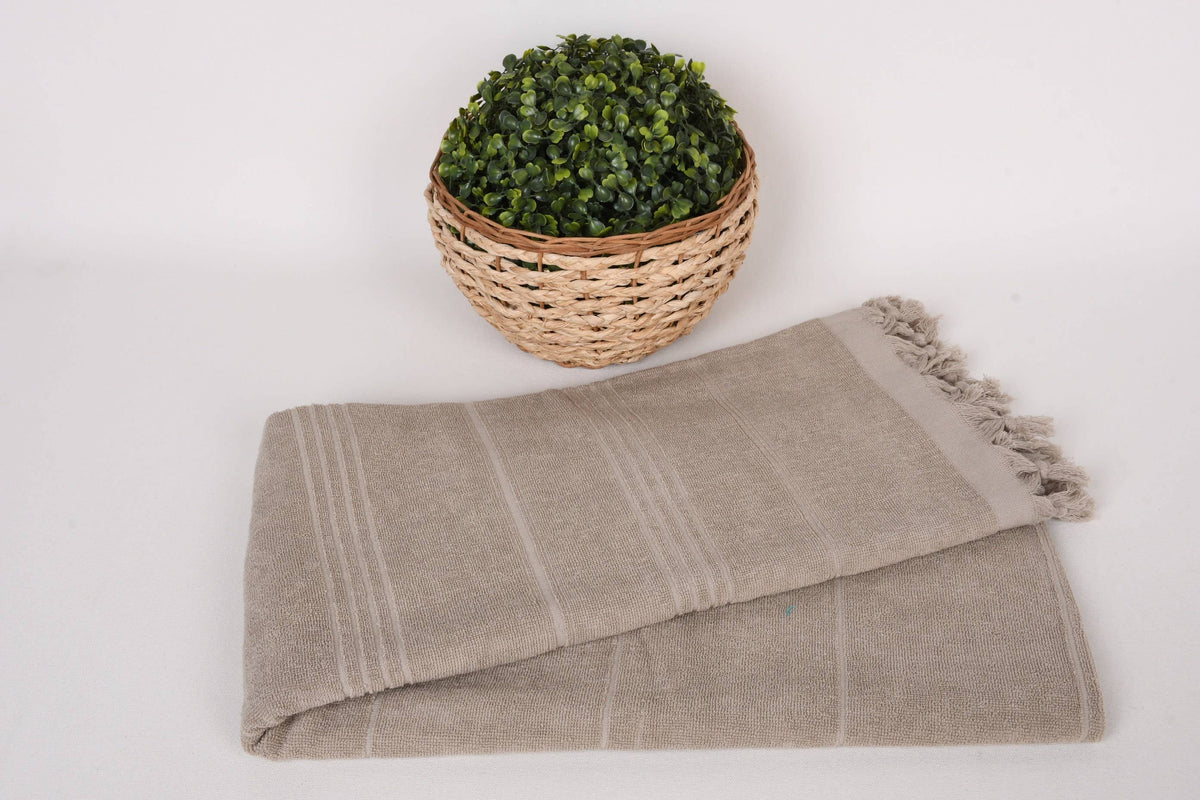 Organic Turkish Beach Towel, Beige Striped Cotton Peshtemal