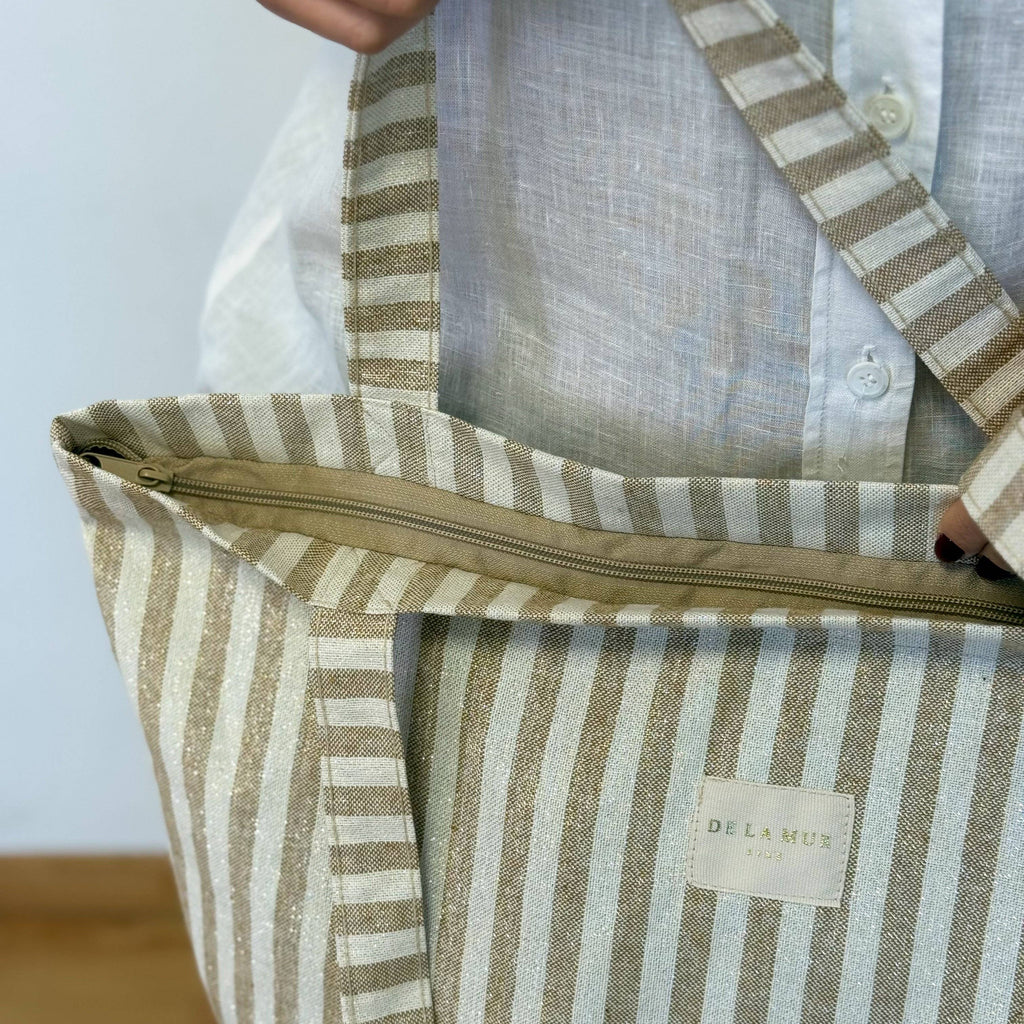 Striped Large Zippered Tote Bag – Beige & Gold (Lumos)