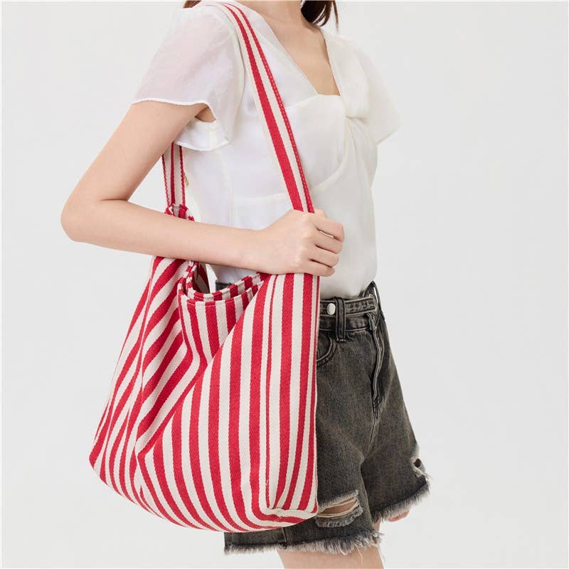 Striped Canvas Hobo Shoulder Tote Bag | 40P609