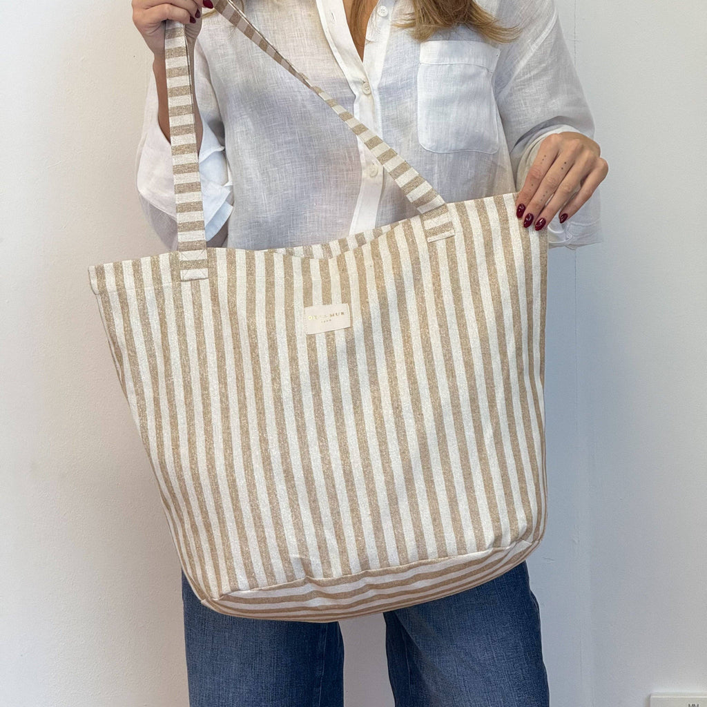 Striped Large Zippered Tote Bag – Beige & Gold (Lumos)