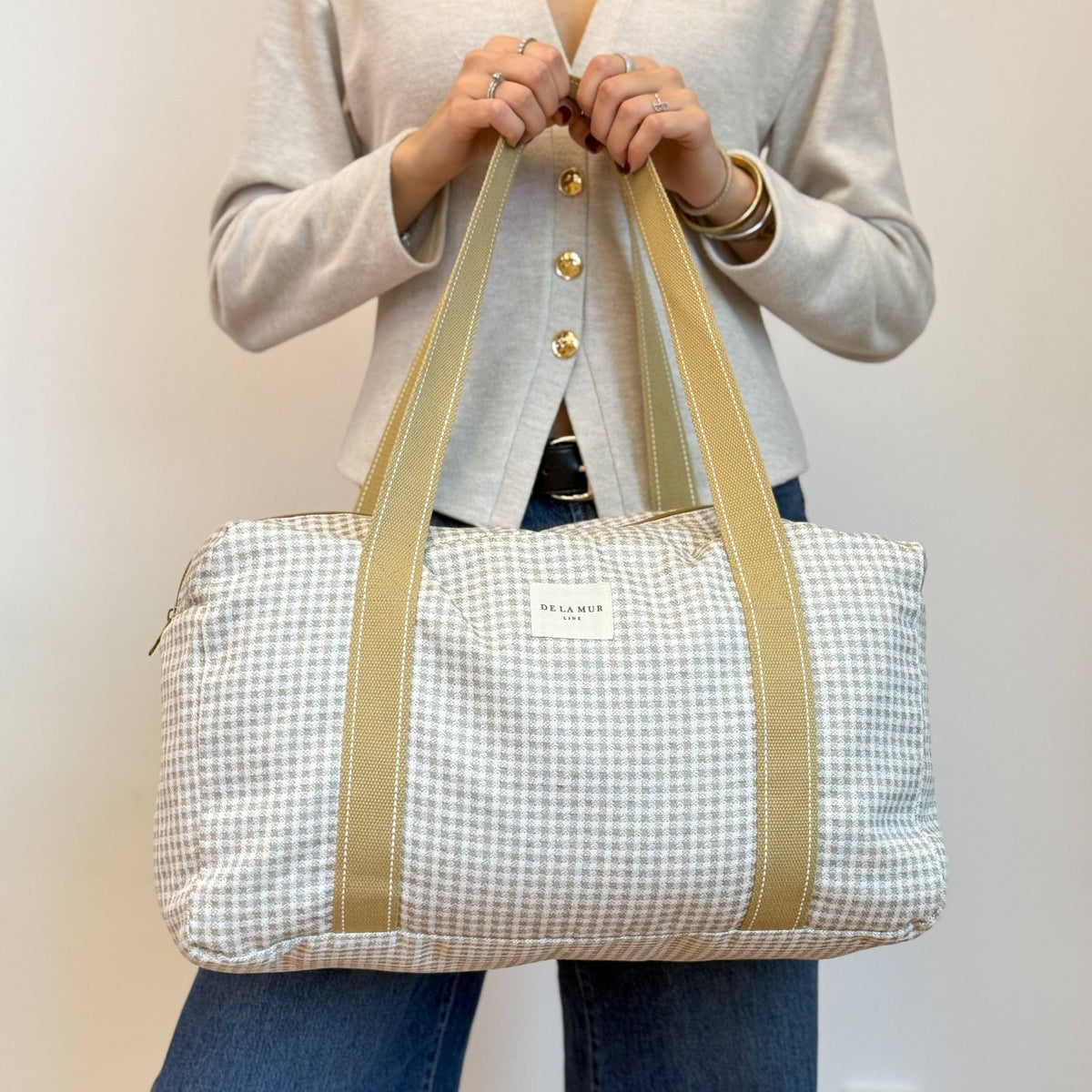 Gingham Jacquard Sports Bag – Beige & Ecru (Vison)