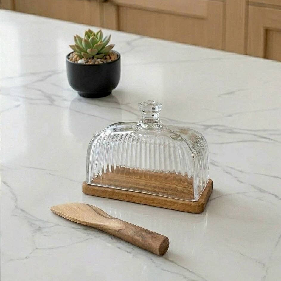 Glass/Wood Butter Dish
