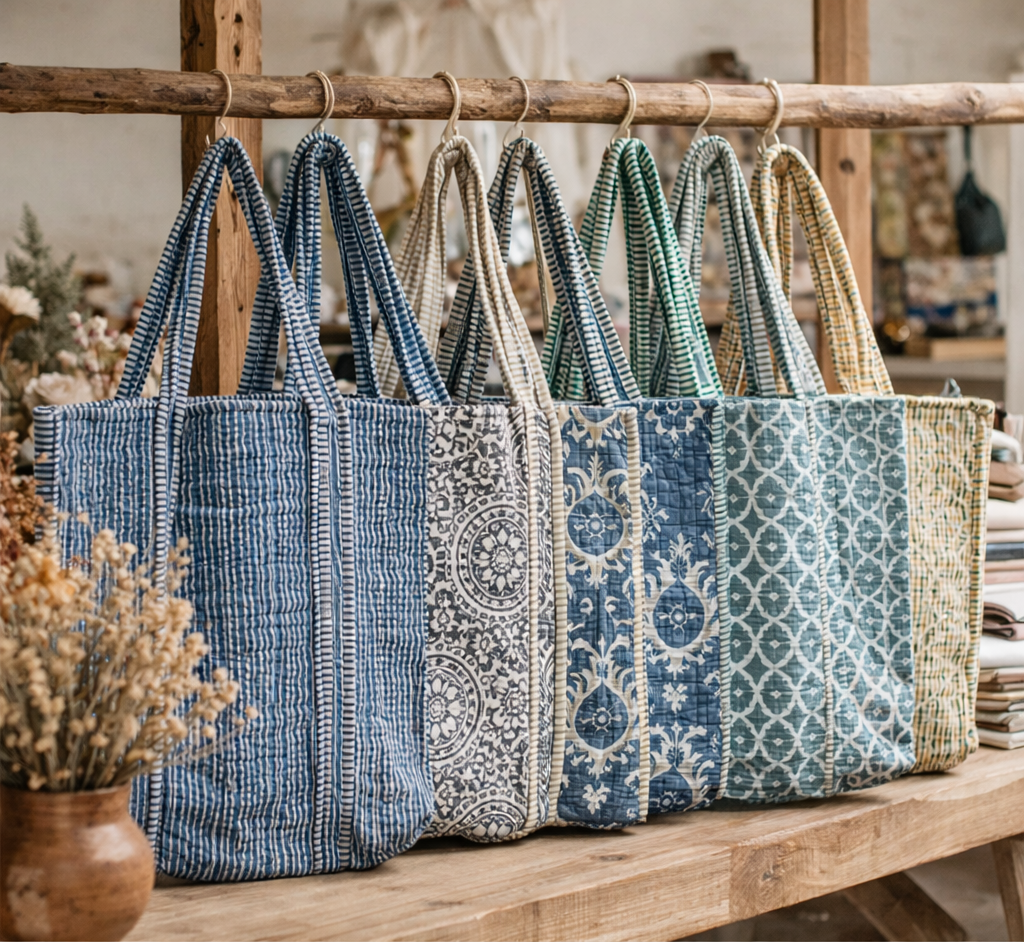 Cotton Tote Bag-Hand Block Printed (18" w x 27"h with strap)