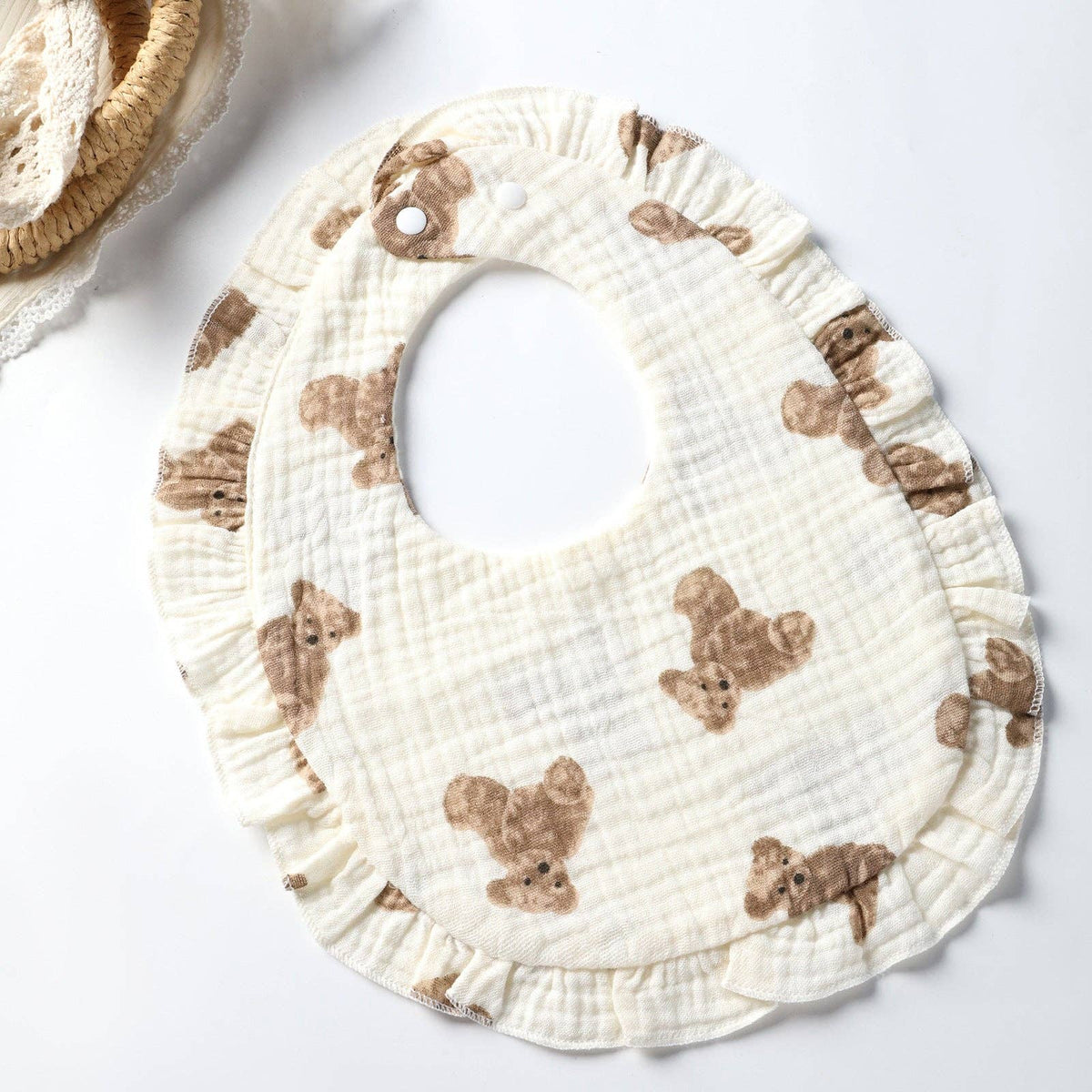 Cotton Baby Bib with Ruffled Edges - Cute Cartoon Design