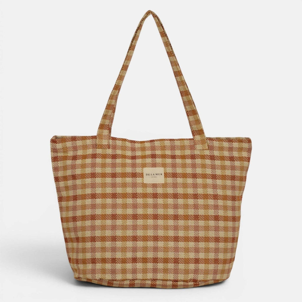Gingham Jacquard Large Zippered Tote Bag – Terracotta & Orange (Zia)