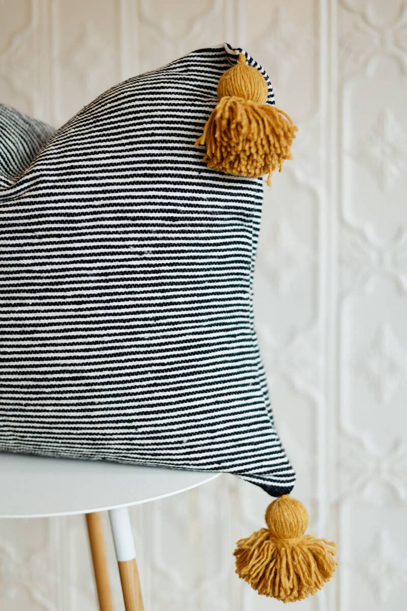 20" Moroccan Pom Pom Pillow - Black+White Stripe w. Mustard