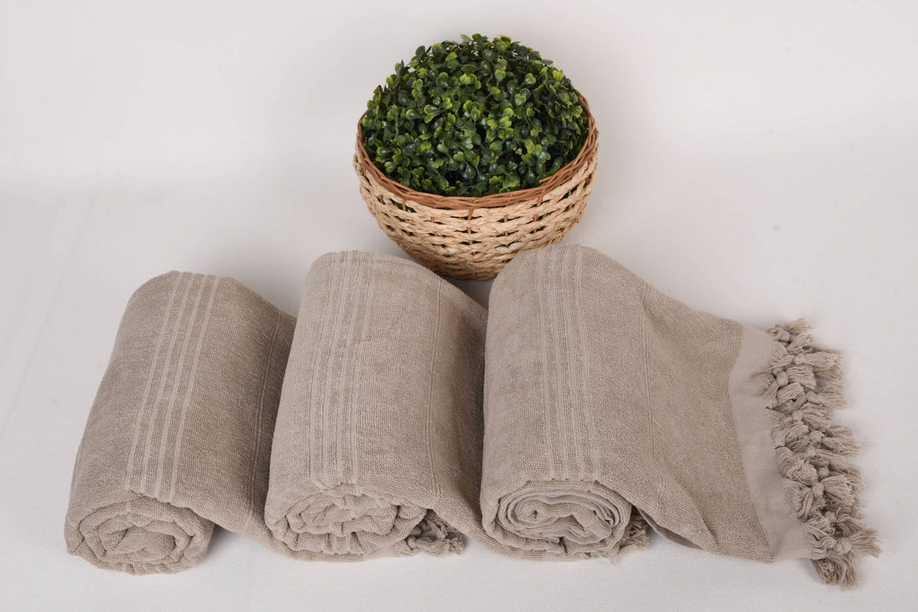 Organic Turkish Beach Towel, Beige Striped Cotton Peshtemal