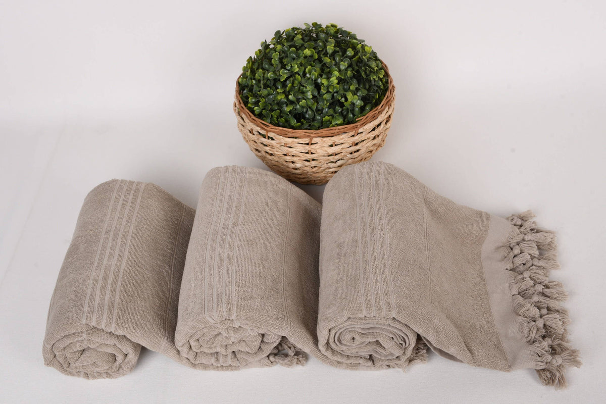 Organic Turkish Beach Towel, Beige Striped Cotton Peshtemal